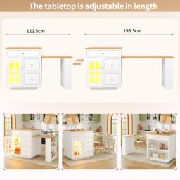 Extendable Kitchen Island with LED Colour Lighting, Space-Saving Dining Bar with 4 Drawers and Open Shelf, 195.5L x 70W x 93.5H cm, White - Aosom UK - thumbnail 6
