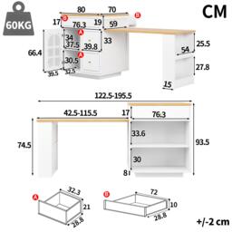Extendable Kitchen Island with LED Colour Lighting, Space-Saving Dining Bar with 4 Drawers and Open Shelf, 195.5L x 70W x 93.5H cm, White - Aosom UK - thumbnail 3