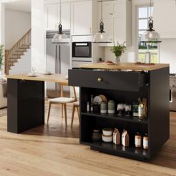Extendable Kitchen Island with Storage and MDF Top, Space-Saving Dining Bar with Built-In Wine Rack, 195.5L x 70W x 94H cm, Black - Aosom UK - thumbnail 1
