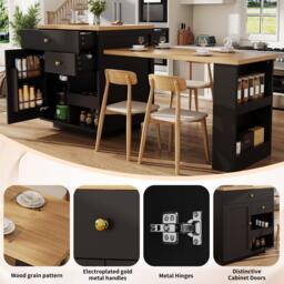 Extendable Kitchen Island with Storage and MDF Top, Space-Saving Dining Bar with Built-In Wine Rack, 195.5L x 70W x 94H cm, Black - Aosom UK - thumbnail 6