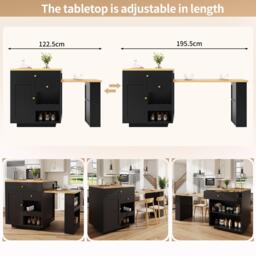 Extendable Kitchen Island with Storage and MDF Top, Space-Saving Dining Bar with Built-In Wine Rack, 195.5L x 70W x 94H cm, Black - Aosom UK - thumbnail 4