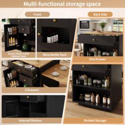 Extendable Kitchen Island with Storage and MDF Top, Space-Saving Dining Bar with Built-In Wine Rack, 195.5L x 70W x 94H cm, Black - Aosom UK - thumbnail 5