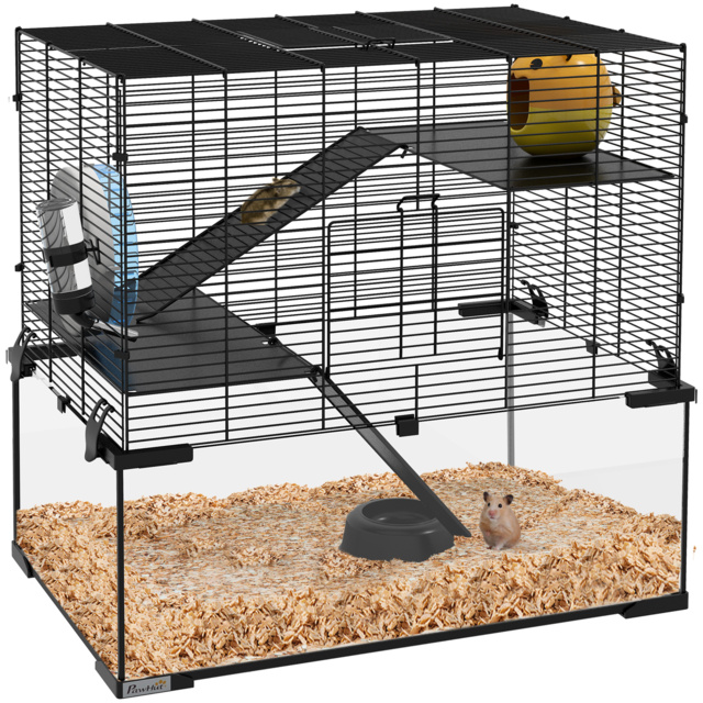 PawHut 3 Tiers Hamster Cage, Gerbil Cage with Deep Glass Bottom, Non-Slip Ramps, Platforms, Hut Exercise Wheels Water Bottle for Syrian Dwarf Hamster - image 1