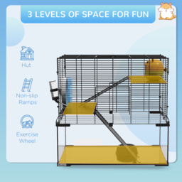 PawHut 3 Tiers Hamster Cage, Gerbil Cage with Deep Glass Bottom, Non-Slip Ramps, Platforms, Hut Exercise Wheels Water Bottle for Syrian Dwarf Hamster - thumbnail 4