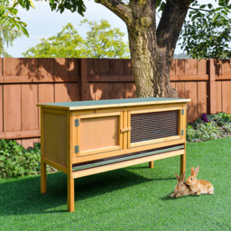 PawHut Bunny Abode: Wooden Rabbit Hutch for Guinea Pigs, Outdoor Small Pet Cage with Hinged Top & Slide-out Tray, Natural - thumbnail 2