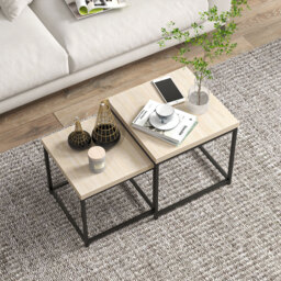 HOMCOM Coffee Table Set of 2, Nest of Tables with 3.5cm Thick Tabletop, Oak - thumbnail 8
