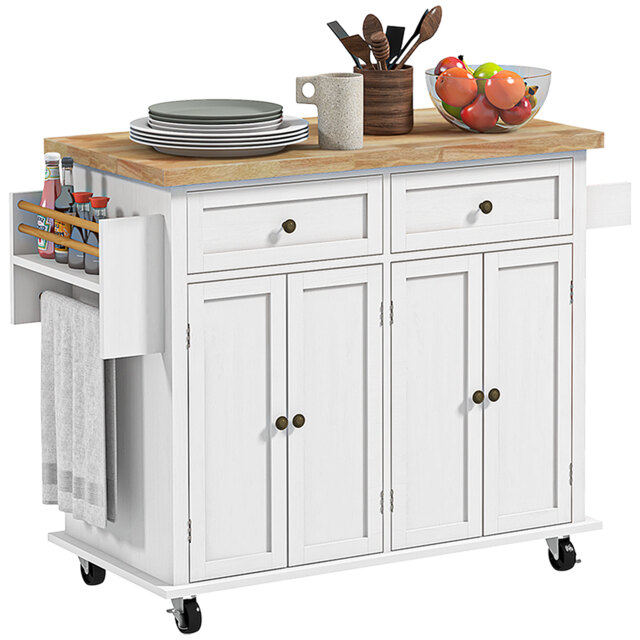 HOMCOM Rolling Kitchen Island Storage Trolley with Rubber Wood Top & Drawers for Dining Room, White - Aosom UK - image 1