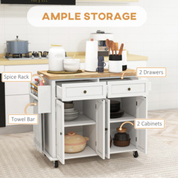 HOMCOM Rolling Kitchen Island Storage Trolley with Rubber Wood Top & Drawers for Dining Room, White - Aosom UK - thumbnail 4