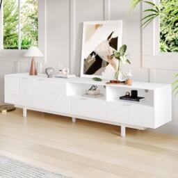 Elegant Bohemian TV Entertainment Center with Cabinet and Drawers, Geometric Lines TV Stand for 90 Inch TVs, 200L x 40W x 51H cm, White - Aosom UK