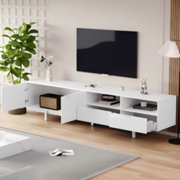 Elegant Bohemian TV Entertainment Center with Cabinet and Drawers, Geometric Lines TV Stand for 90 Inch TVs, 200L x 40W x 51H cm, White - Aosom UK - thumbnail 7