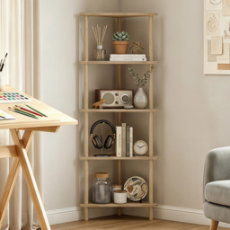 HOMCOM Bamboo Storage Shelf, 5-tier Corner Shelf, Freestanding Shelving Unit for Living Room, Home Office, Natural Wood Finish - thumbnail 9