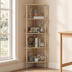 HOMCOM Bamboo Storage Shelf, 5-tier Corner Shelf, Freestanding Shelving Unit for Living Room, Home Office, Natural Wood Finish - thumbnail 2
