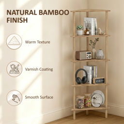 HOMCOM Bamboo Storage Shelf, 5-tier Corner Shelf, Freestanding Shelving Unit for Living Room, Home Office, Natural Wood Finish - thumbnail 6