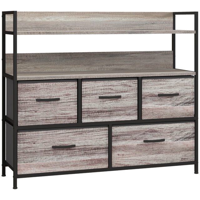 HOMCOM Rustic Chest of Five Fabric Drawers - Grey Wood Effect - Aosom UK - image 1