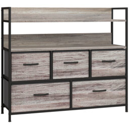 HOMCOM Rustic Chest of Five Fabric Drawers - Grey Wood Effect - Aosom UK