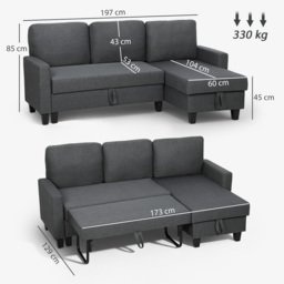 HOMCOM Three-Seater Storage Sofa Bed w/ Scratch Resistant Fabric, Charcoal Grey - Aosom UK - thumbnail 3