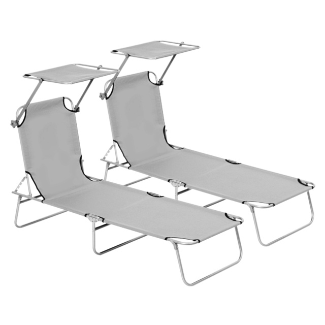 Outsunny Reclining Sun Lounger Set, 2 Foldable Chairs with Canopy, Breathable Mesh Fabric, Adjustable, Light Grey - Aosom UK - image 1