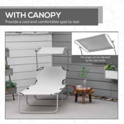 Outsunny Reclining Sun Lounger Set, 2 Foldable Chairs with Canopy, Breathable Mesh Fabric, Adjustable, Light Grey - Aosom UK - thumbnail 6