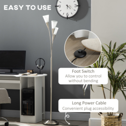 HOMCOM Modern Floor Lights with 3-Light Upright Design, Foot Switch, Steel Frame, Floor Standing Lamp for Living Room & Bedroom, Silver - Aosom UK - thumbnail 5
