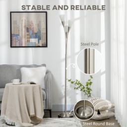 HOMCOM Modern Floor Lights with 3-Light Upright Design, Foot Switch, Steel Frame, Floor Standing Lamp for Living Room & Bedroom, Silver - Aosom UK - thumbnail 7