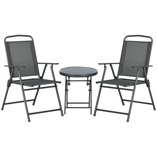 Outsunny 3 Pcs Garden Table and Chairs, Outdoor Bistro Set, Patio Conversation Furniture Set w/ Foldable Armchairs & Glass Top Coffee Table, Dark Grey - image 1