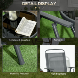 Outsunny 3 Pcs Garden Table and Chairs, Outdoor Bistro Set, Patio Conversation Furniture Set w/ Foldable Armchairs & Glass Top Coffee Table, Dark Grey - thumbnail 7