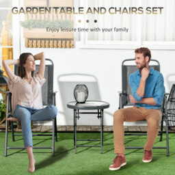 Outsunny 3 Pcs Garden Table and Chairs, Outdoor Bistro Set, Patio Conversation Furniture Set w/ Foldable Armchairs & Glass Top Coffee Table, Dark Grey - thumbnail 5