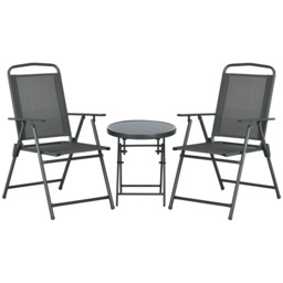 Outsunny 3 Pcs Garden Table and Chairs, Outdoor Bistro Set, Patio Conversation Furniture Set w/ Foldable Armchairs & Glass Top Coffee Table, Dark Grey - thumbnail 1