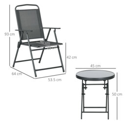 Outsunny 3 Pcs Garden Table and Chairs, Outdoor Bistro Set, Patio Conversation Furniture Set w/ Foldable Armchairs & Glass Top Coffee Table, Dark Grey - thumbnail 3