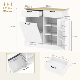 HOMCOM Sideboard with Tilt-out Trash Bin, Farmhouse Kitchen Sideboard with 2 Drawers, Adjustable Shelves, Door Racks, White - thumbnail 3