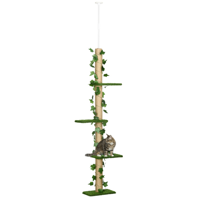 PawHut Floor to Ceiling Cat Tree, 242cm Height Adjustable Kitten Tower, Anti-slip Kit, Highly Simulated Multi-Layer Activity Centre, Green - Aosom UK - image 1