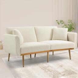 Modern 2-Seater Sofa with 3-Position Adjustable Backrest, Durable Loveseat with Thick Padded Cushions, 165L x 72.5W x 75H cm, White Teddy - Aosom UK