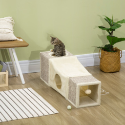 PawHut Cat Tunnel, Plush Large Play Tunnel with Two Caves and Hanging Ball, Cream White - thumbnail 2