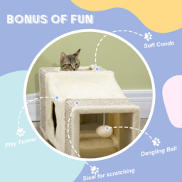 PawHut Cat Tunnel, Plush Large Play Tunnel with Two Caves and Hanging Ball, Cream White - thumbnail 5