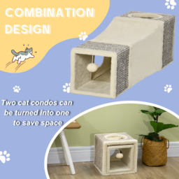 PawHut Cat Tunnel, Plush Large Play Tunnel with Two Caves and Hanging Ball, Cream White - thumbnail 4