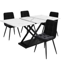 Extending Dining Table and Chairs with 4 Velvet Chairs, Marble Tabletop, Elegant 5-Piece Dining Set for Kitchen, 160L x 80W x 75H cm, White & Black - Aosom UK - thumbnail 2