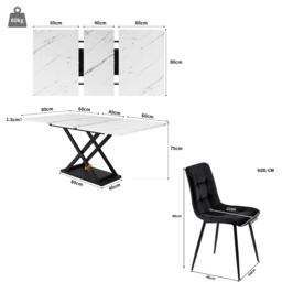 Extending Dining Table and Chairs with 4 Velvet Chairs, Marble Tabletop, Elegant 5-Piece Dining Set for Kitchen, 160L x 80W x 75H cm, White & Black - Aosom UK - thumbnail 3