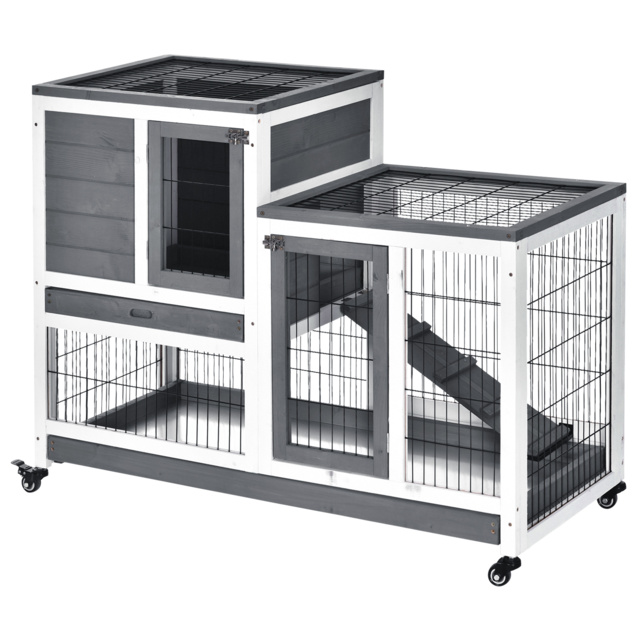 PawHut Wooden Indoor Guinea Pigs Hutches Elevated Cage Habitat with Enclosed Run with Wheels, Ideal for Rabbits and Guinea Pigs, Grey and White - image 1