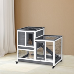 PawHut Wooden Indoor Guinea Pigs Hutches Elevated Cage Habitat with Enclosed Run with Wheels, Ideal for Rabbits and Guinea Pigs, Grey and White - thumbnail 2