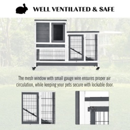 PawHut Wooden Indoor Guinea Pigs Hutches Elevated Cage Habitat with Enclosed Run with Wheels, Ideal for Rabbits and Guinea Pigs, Grey and White - thumbnail 4
