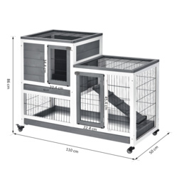 PawHut Wooden Indoor Guinea Pigs Hutches Elevated Cage Habitat with Enclosed Run with Wheels, Ideal for Rabbits and Guinea Pigs, Grey and White - thumbnail 3