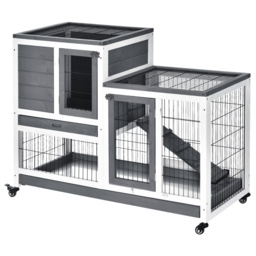 PawHut Wooden Indoor Guinea Pigs Hutches Elevated Cage Habitat with Enclosed Run with Wheels, Ideal for Rabbits and Guinea Pigs, Grey and White - thumbnail 1