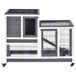 PawHut Wooden Indoor Guinea Pigs Hutches Elevated Cage Habitat with Enclosed Run with Wheels, Ideal for Rabbits and Guinea Pigs, Grey and White - thumbnail 9