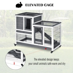 PawHut Wooden Indoor Guinea Pigs Hutches Elevated Cage Habitat with Enclosed Run with Wheels, Ideal for Rabbits and Guinea Pigs, Grey and White - thumbnail 5