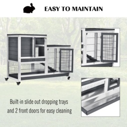 PawHut Wooden Indoor Guinea Pigs Hutches Elevated Cage Habitat with Enclosed Run with Wheels, Ideal for Rabbits and Guinea Pigs, Grey and White - thumbnail 6
