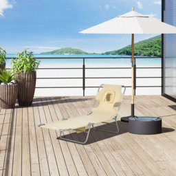 Outsunny Beach Chaise Lounge with Reading Hole, Foldable, Arm Slots, 5-Position Backrest, Side Pocket, Pillow, Beige - Aosom UK - thumbnail 2