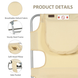 Outsunny Beach Chaise Lounge with Reading Hole, Foldable, Arm Slots, 5-Position Backrest, Side Pocket, Pillow, Beige - Aosom UK - thumbnail 6
