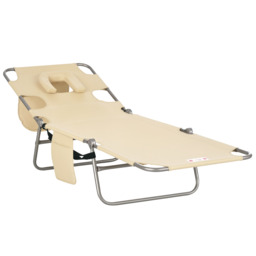 Outsunny Beach Chaise Lounge with Reading Hole, Foldable, Arm Slots, 5-Position Backrest, Side Pocket, Pillow, Beige - Aosom UK