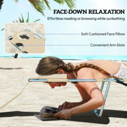 Outsunny Beach Chaise Lounge with Reading Hole, Foldable, Arm Slots, 5-Position Backrest, Side Pocket, Pillow, Beige - Aosom UK - thumbnail 5