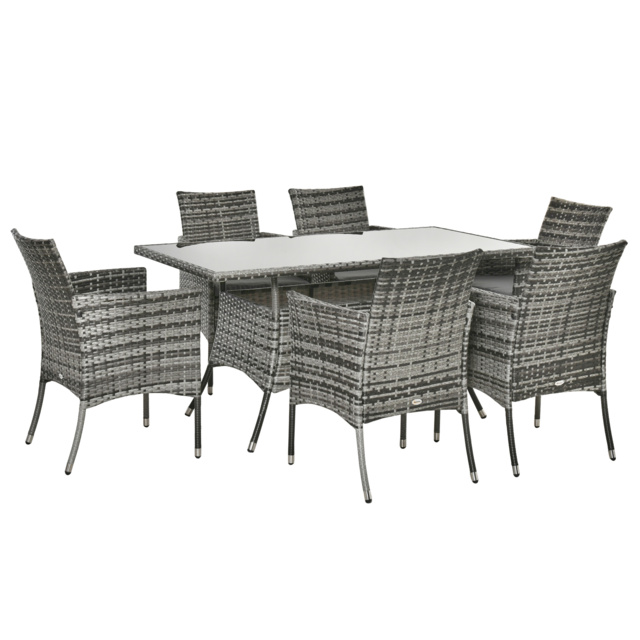 Outsunny 6-Seater Rattan Dining Set Garden Furniture Patio Rectangular Table Cube Chairs Outdoor Fire Retardant Sponge Grey - image 1